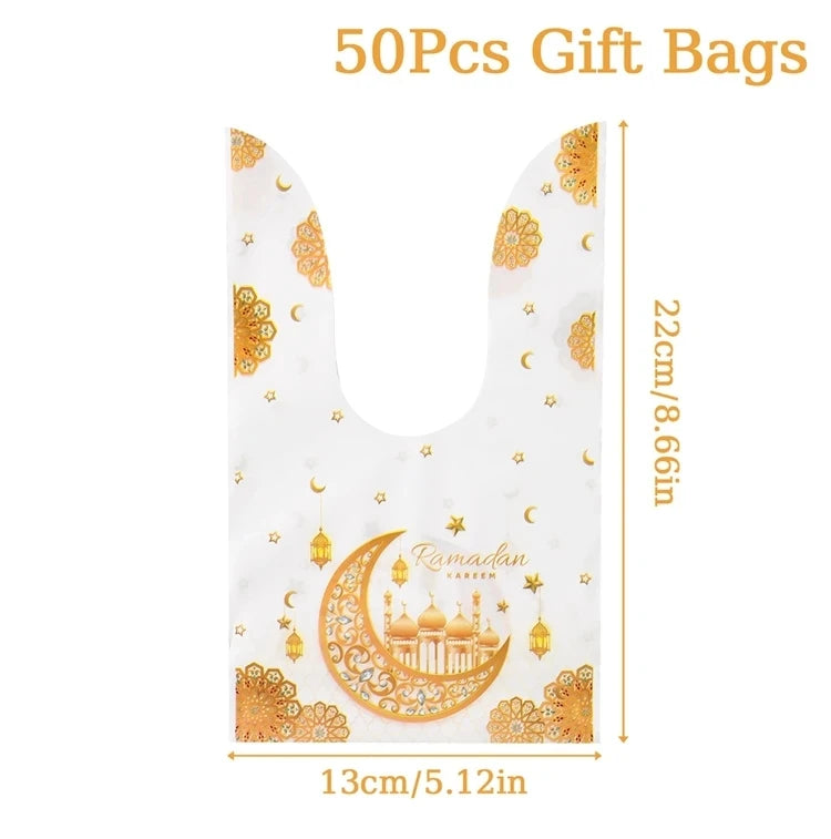 50pcs Eid Mubarak Gift Bags Plastic Bag Cookie Candy Ramadan Kareem Decoration 2024 Islamic Muslim Party Packaging Bag Pouch