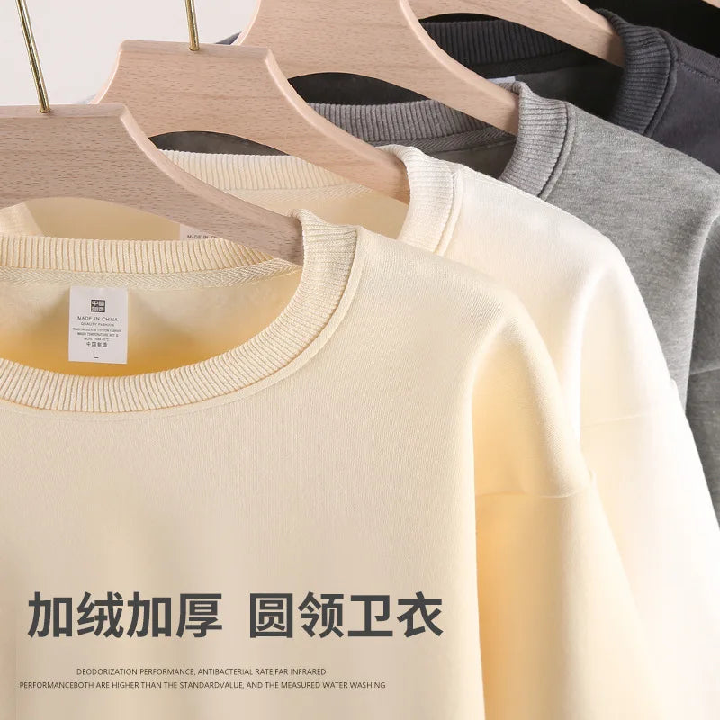 Cotton Thick Sweatshirt Couple Solid Color Fleece Top Loose Round Neck Long Sleeve Bottoming Shirt Men Women Casual Sweatshirt