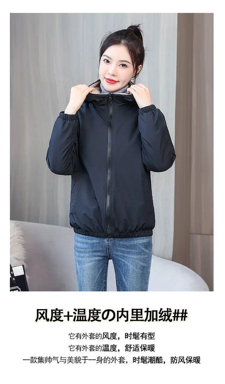 Women's Fleece Coat Winter Warm Thicken Solid Windbreaker Hooded Cotton Plush Hooded Jackets Casual Outdoor Windproof Jacket