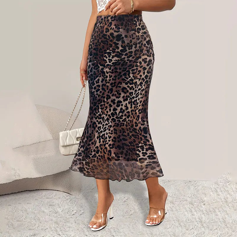 Women's Half Skirt Classic High Waisted Office Female Loose A-line Skirt Fashionable and Elegant Leopard Print Ladies Long Skirt