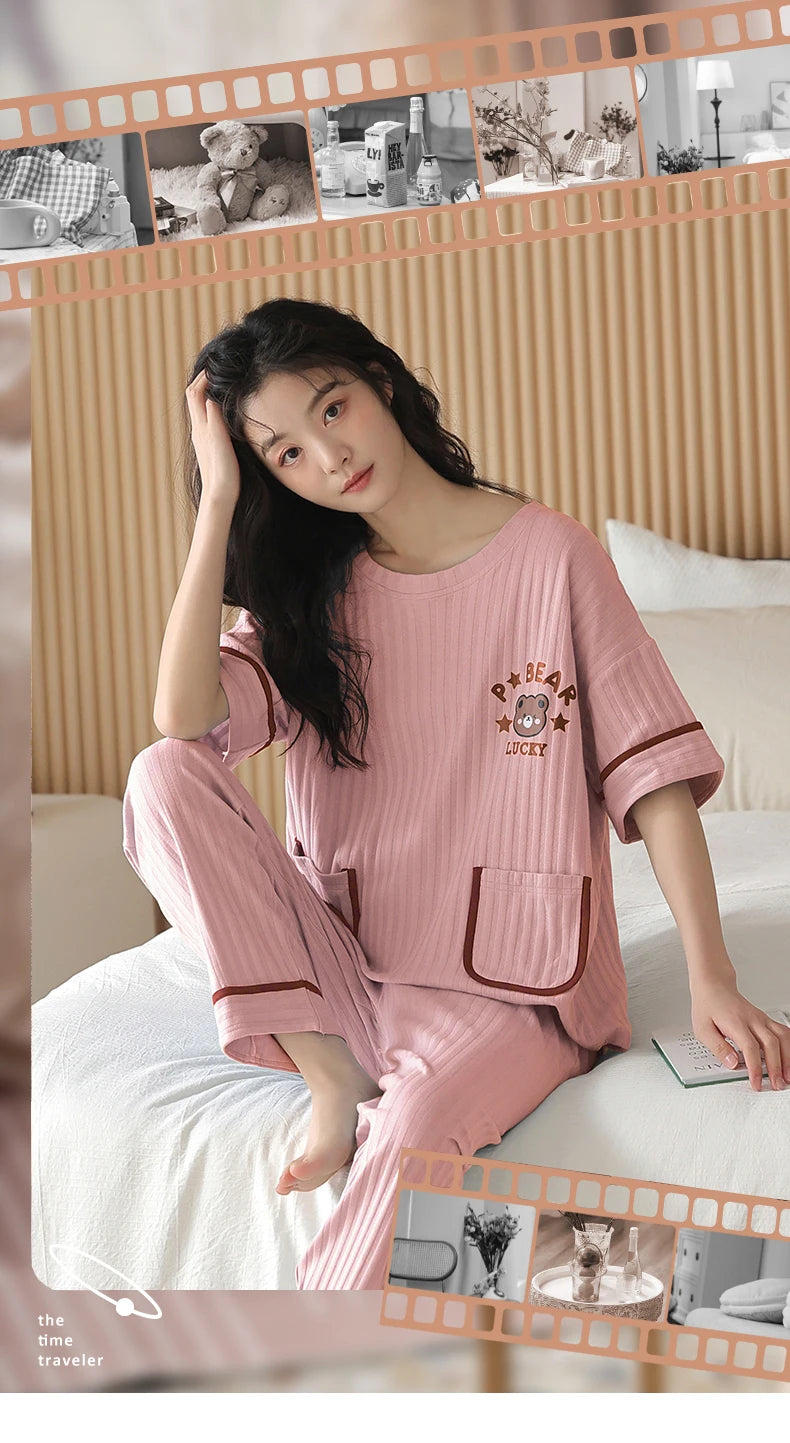 Big Size 5XL Pajama Sets Short Sleeved Cartoon Bear Knitted PJ Plaid Sleepwear Elegant Women's Pajamas Lounge Home Pijama Mujer