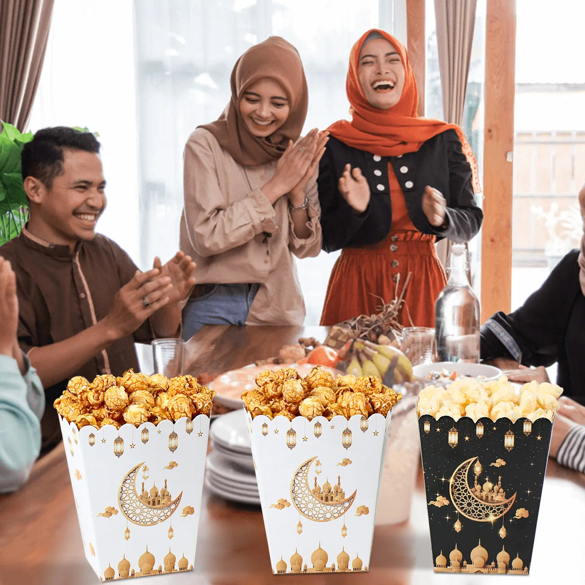 EID Popcorn Box Candy Bag Biscuit Gift Box Ramadan Decorations For Home 2025 EID Mubarak Islamic Muslim Party Decor Eid al-Fitr