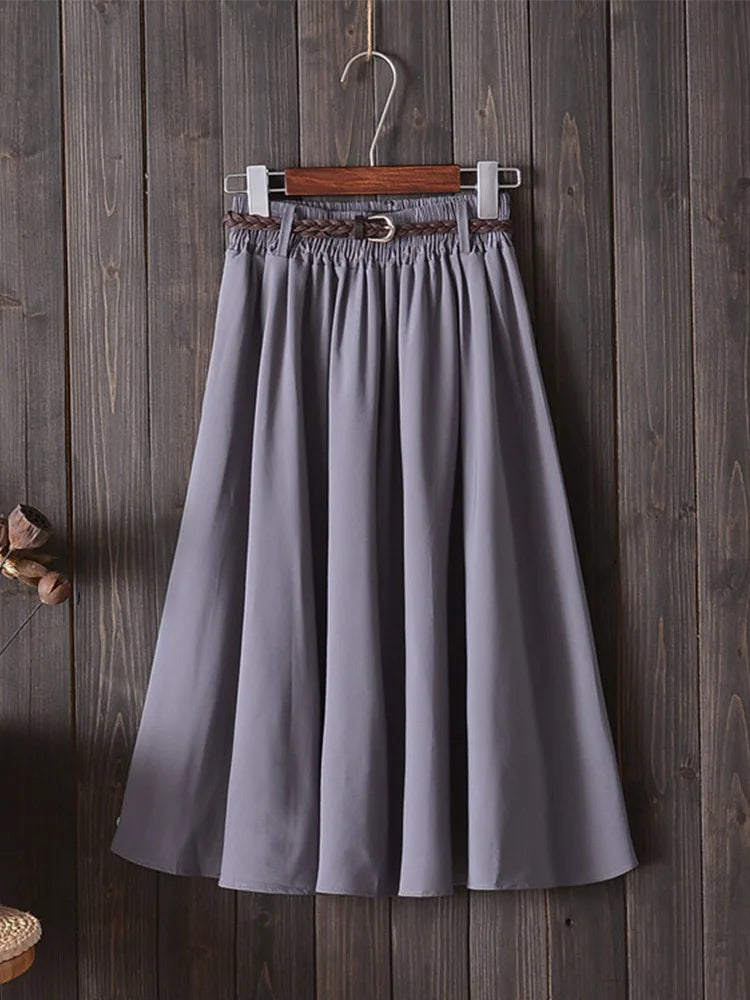 Midi Knee Length Summer Skirt Women With Belt  Fashion Korean Ladies High Waist Pleated A-line School Skirt Female