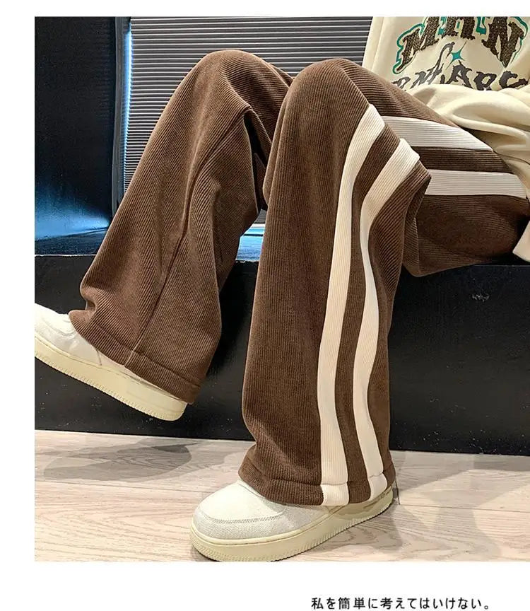 Fleece Thicken Corduroy Wide-leg Pants Men's Harajuku High Street Side Stripes Pants Casual Straight Elastic Waist Sweatpants