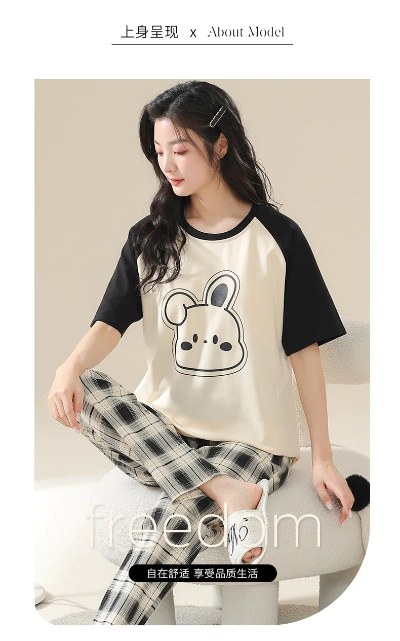 Big Size 5XL Pajama Sets Short Sleeved Cartoon Bear Knitted PJ Plaid Sleepwear Elegant Women's Pajamas Lounge Home Pijama Mujer