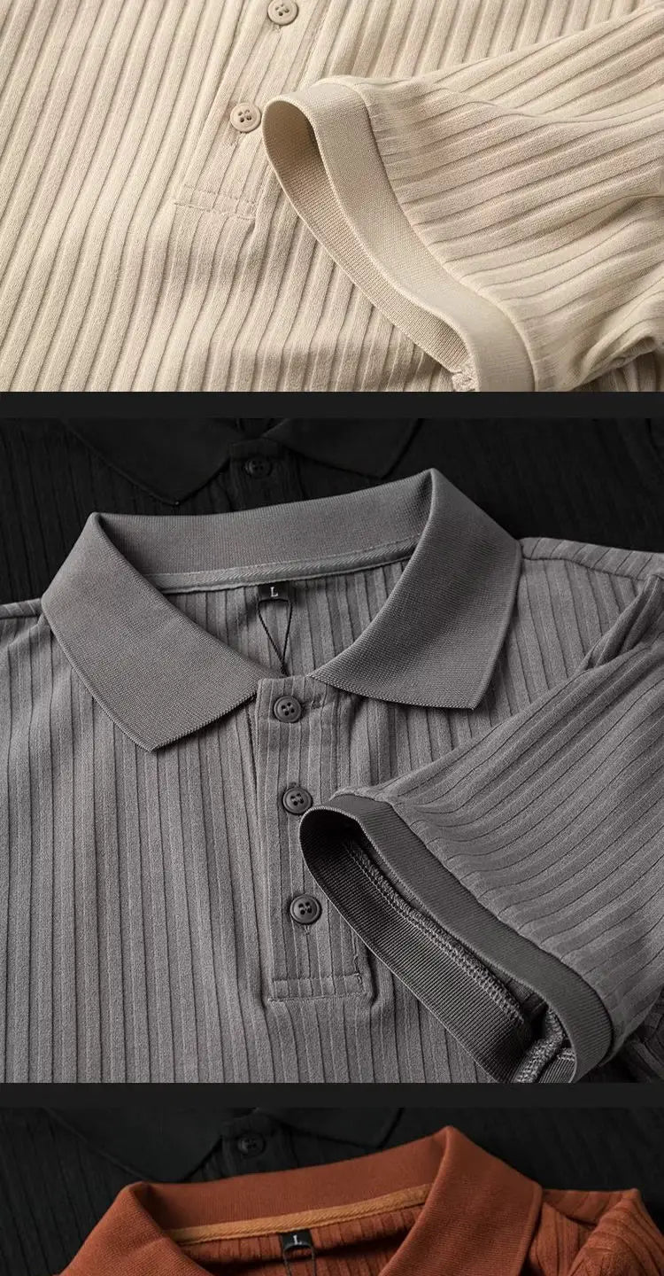 Men Polo Shirt Stripes Short Sleeve T-shirt Male Breathable Tops Business Turn Down Collar Luxury Handsome Elasticity Pullover