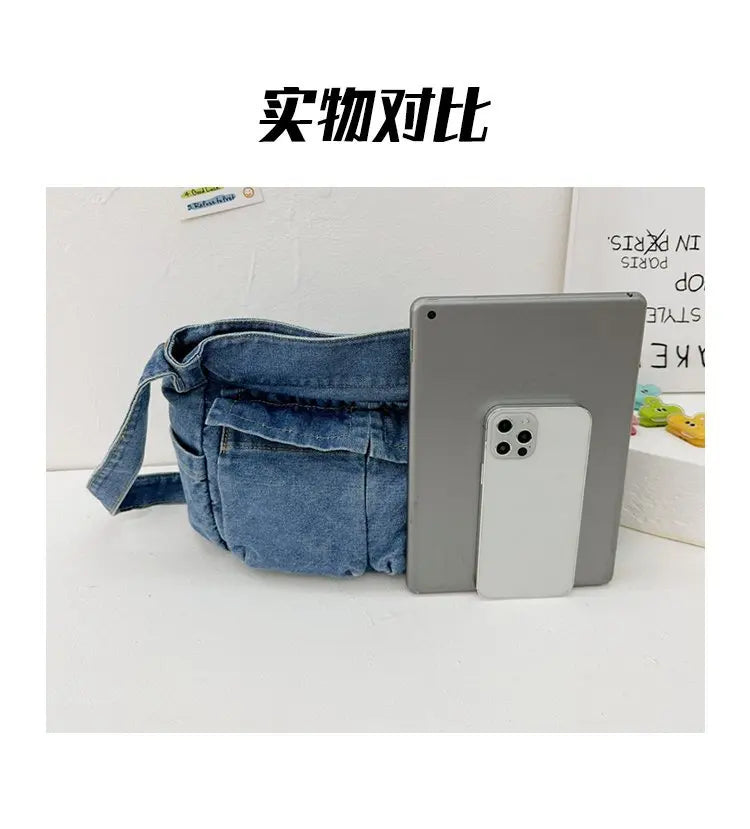 Denim Vintage Messenger Bag for Women Tote Handbag Fashion Jeans Crossbody Shoulder Bag Large Capacity Causal Ladies Satchel Bag