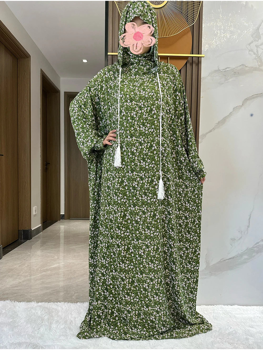 New Ramadan Muslim Two Hats Abaya Dubai Turkey Islam Prayer Clothes Floral Cotton Long Dress Islam Women Dress Kaftan