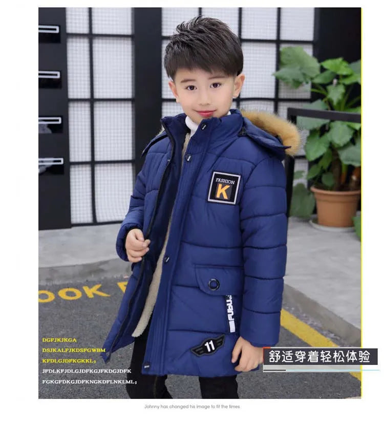 Boys Long Jacket Coat Overcoat Cotton 2024 Blue Black Khaki Warm Thicken Winter Plus Size Children's Clothing