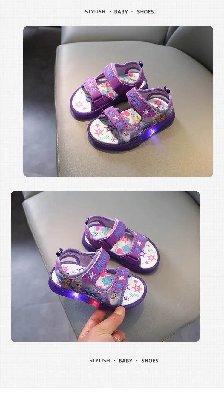 Disney Summer Children's Sandals Frozen Priness Elsa Anna Children's Sandals LED Light Beach Pink Purple Shoes Size 21-31