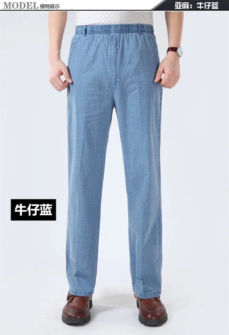 Mens Cotton Linen Long Pants Summer Elastic Waist Trousers Solid Breathable High Waist Loose Leisure Resort Thin Straight Pants