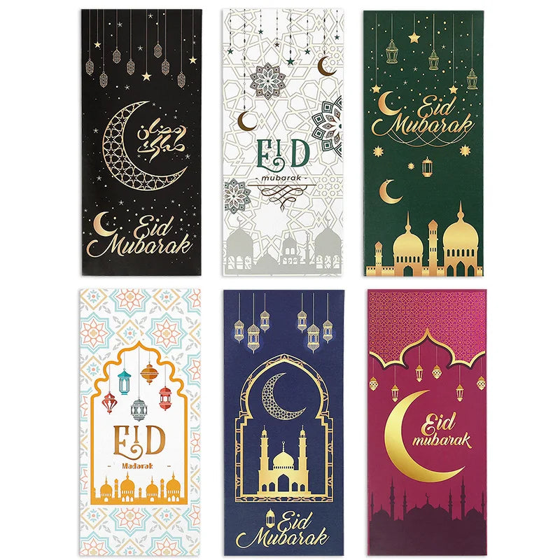 6pcs Eid Mubarak Cash Envelopes Money Cards Paper Bag 2025 Ramadan Islamic Muslim Festival Party Decor Supplies Eid Al-fitr Gift