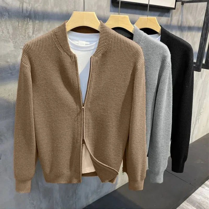 Men's Knitted Cardigan Warm Double Zipper Pit Stripe Slim Fit Sweater Casual Versatile Trend Baseball Collar Sweater Coat