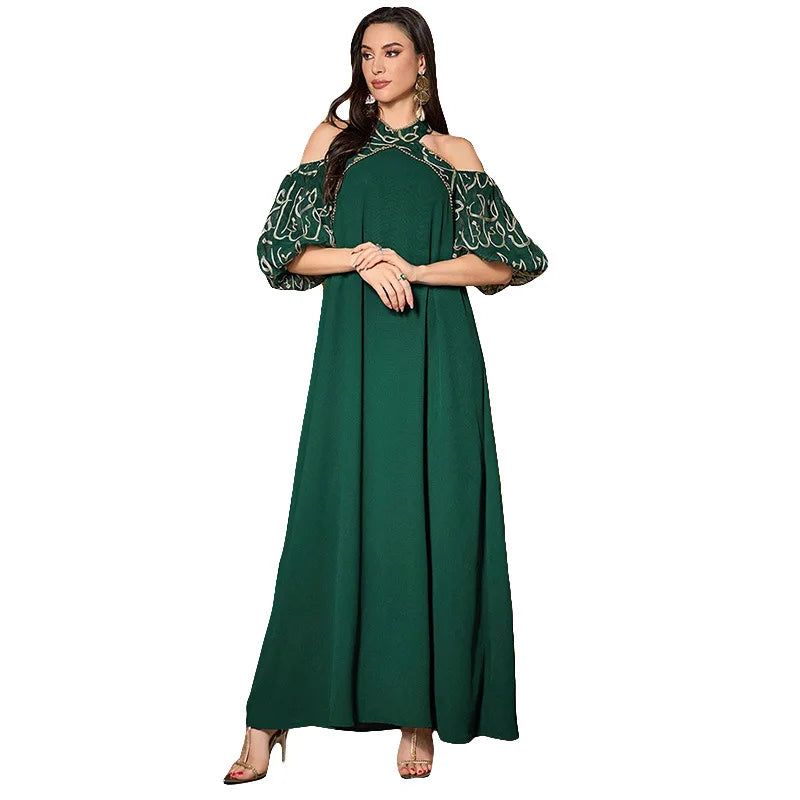 Fashion Embroidery Cold Shoulder Abaya Long Dress for Women Kaftan African Dresses Evening Femme Vestidos Islamic Clothing Party