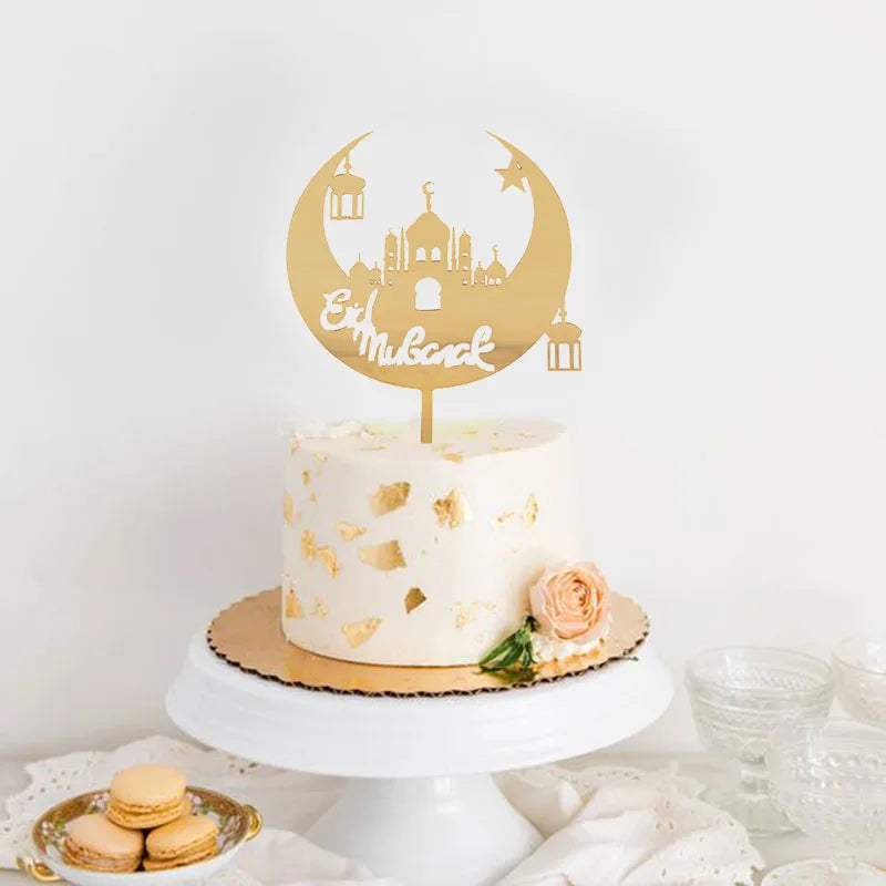 Golden Eid Mubarak Acrylic Cake Toppers Castle Moon CupCake Topper for Ramadan Islamic Muslim Festival Party Cake DIY Decoration