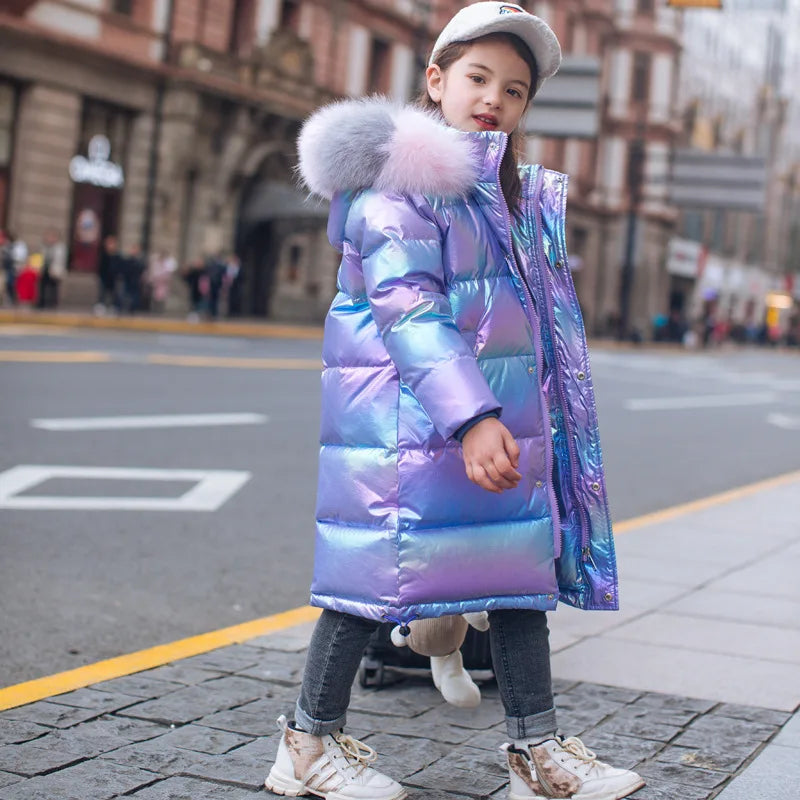 3-14 Years Old Winter Boys Girls Jacket Long Style Hooded Fur Collar Colorful Heavy Coat For Kids Children Outerwear