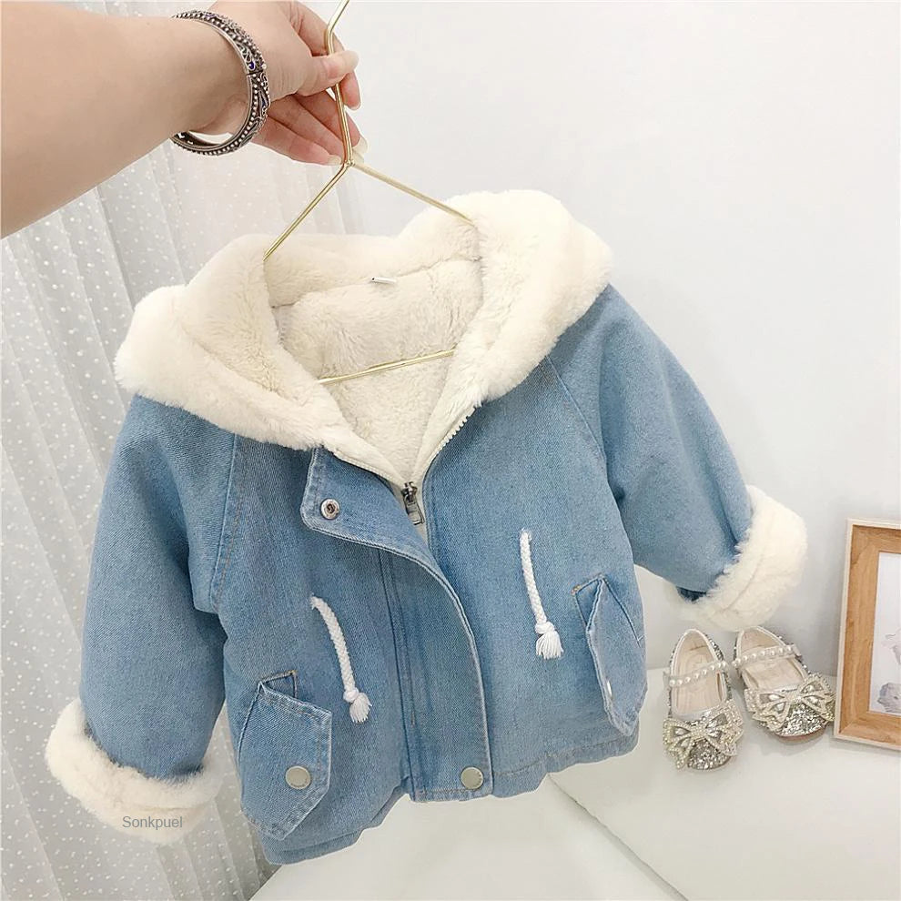 Jacket for Girls Boy Children's Denim Jackets Warm Fur Cowboy Coat Baby Rabbit Ear Hooded Velvet Outerwear Kids Winter Clothes