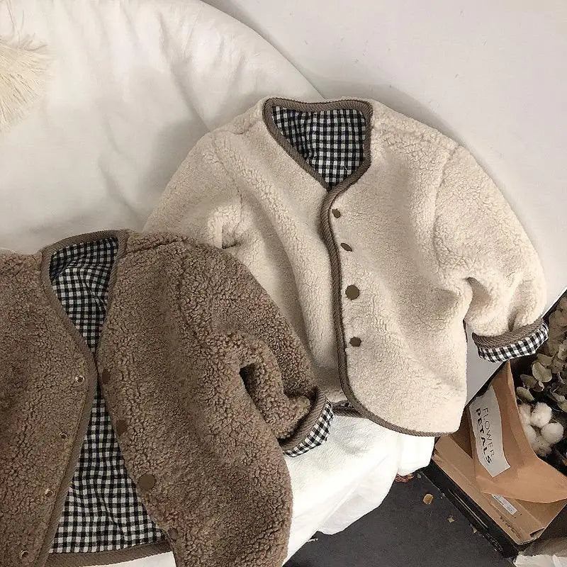 New Children's Plaid Plush Coat Autumn and Winter New Warm Coat Children on Both Sides Wear Coat Boy's and Girls' Clothing