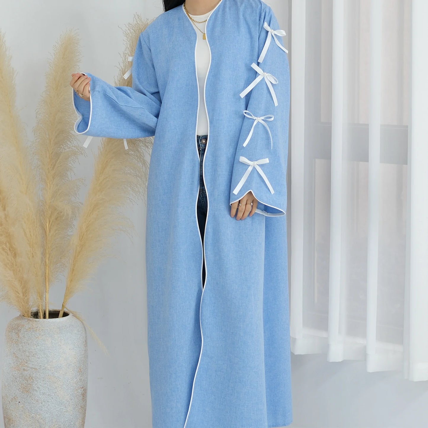 2024 Abaya Dress Bowknot Long Sleeves Modest Dresses Muslim Fashion Women's Clothing Robe Long Cardigan Outwear Eid Ramadan