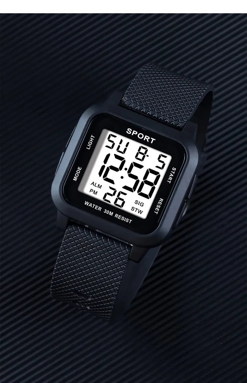 YIKAZE Black Sports Watch Men's Digital Watch Alarm Chrono Clock 3Bar Waterproof Military Men Watches LED Electronic Wristwatch