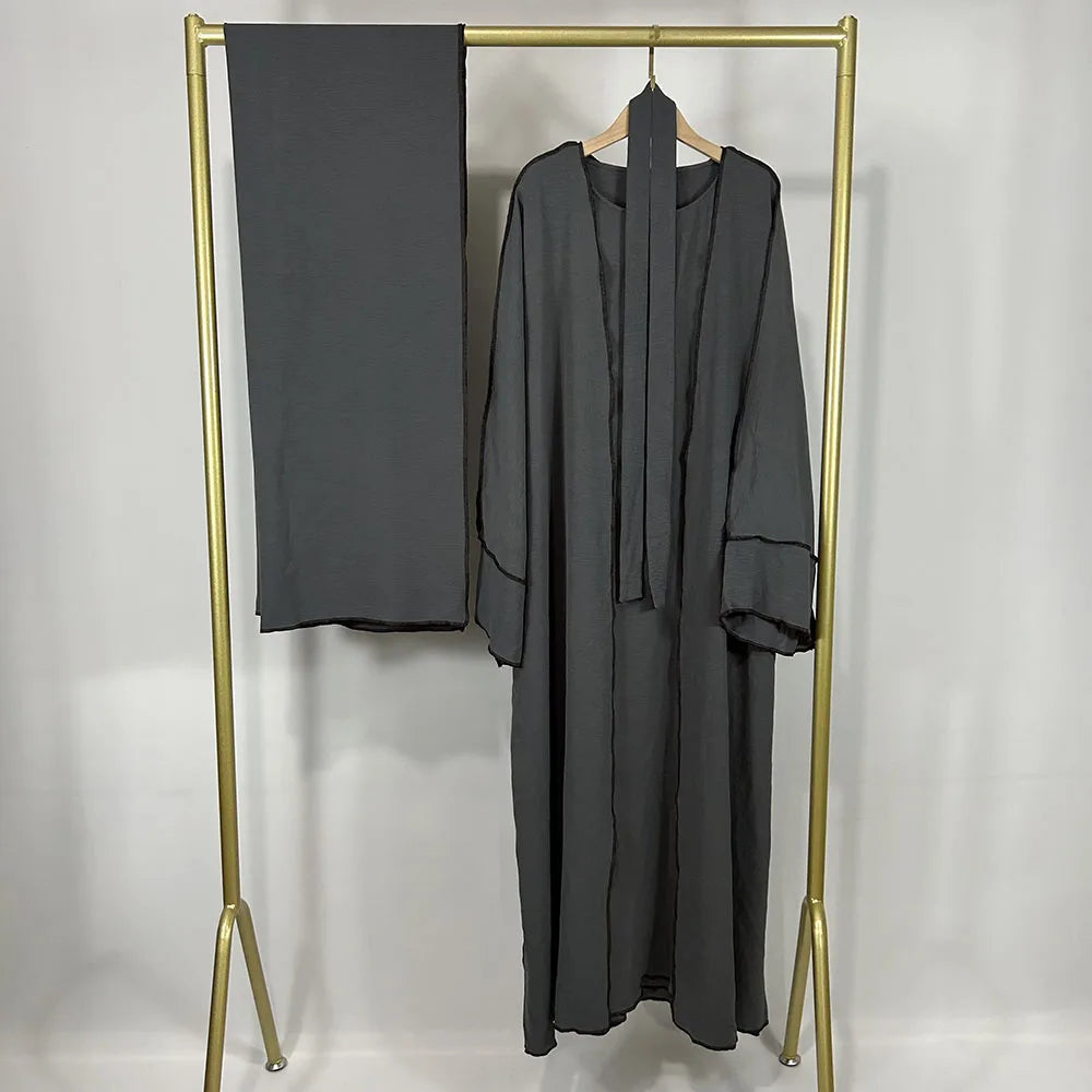 Three Piece Abaya Set With Hijab Free Belt Jazz Crepe Kimono Sleeveless Under Dress EID Ramadan Muslim Women Islamic Clothing