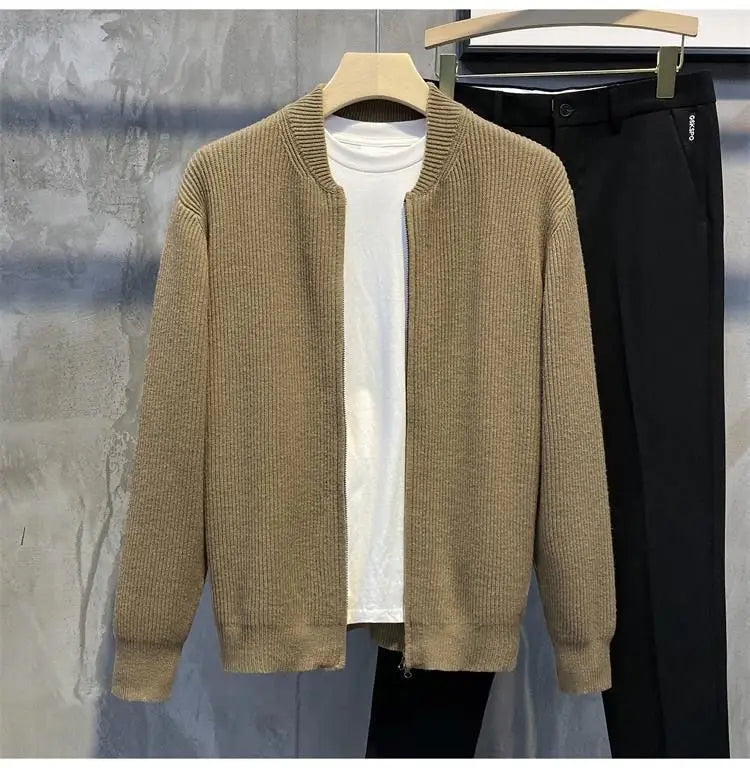 Men's Knitted Cardigan Warm Double Zipper Pit Stripe Slim Fit Sweater Casual Versatile Trend Baseball Collar Sweater Coat