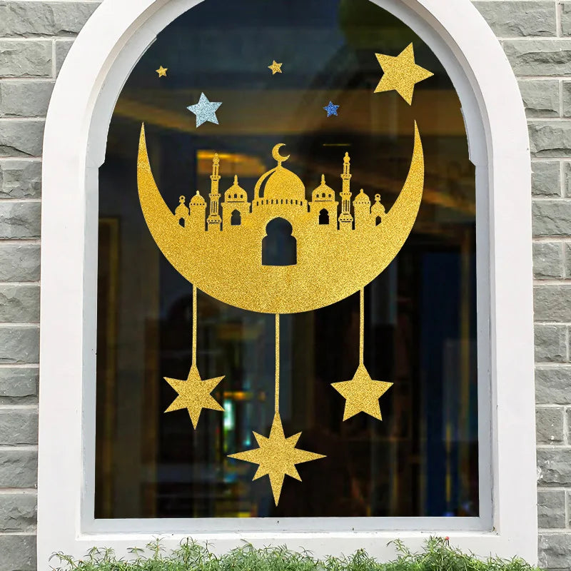 2025 Eid Mubarak Wall Sticker Room Door DIY Decals Ramadan Kareem Home Decoration Moon Star Window Sticker Islamic Muslim Party