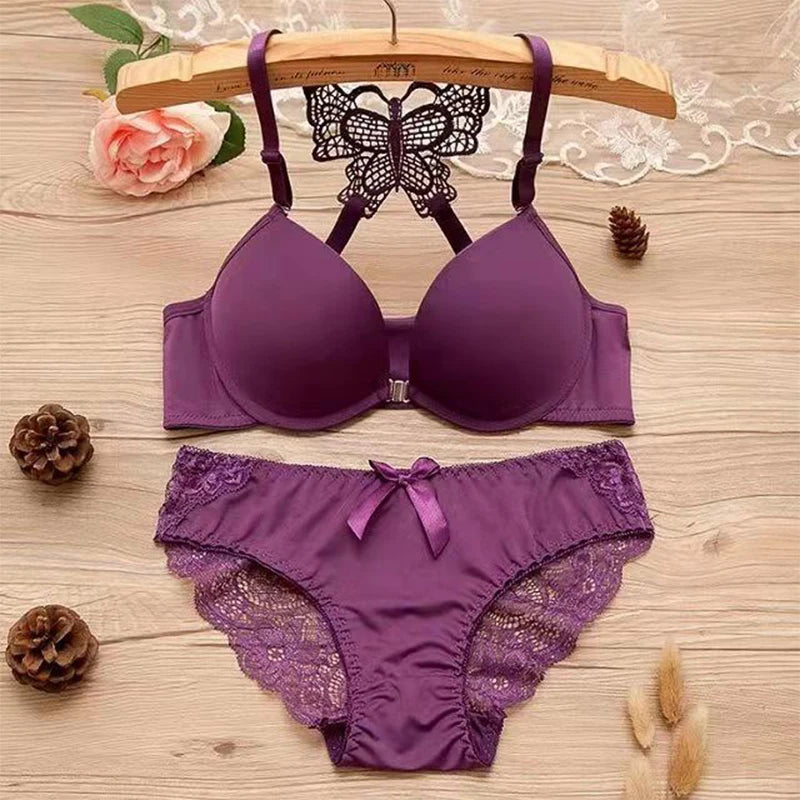 1 Piece Lace Stitching Bra  Panties Front Buckle Push Up Bra  Scallop Trim Panties Lingerie Set, Women's Lingerie  Underwear