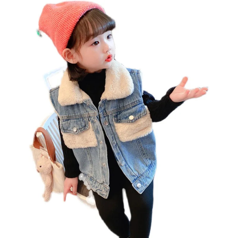 Boys and Girls' Vest Fleece Soft and Thickened Denim Tank Top Autumn Winter 2023 New Children's Coat Girls Fashion Kids Outfit