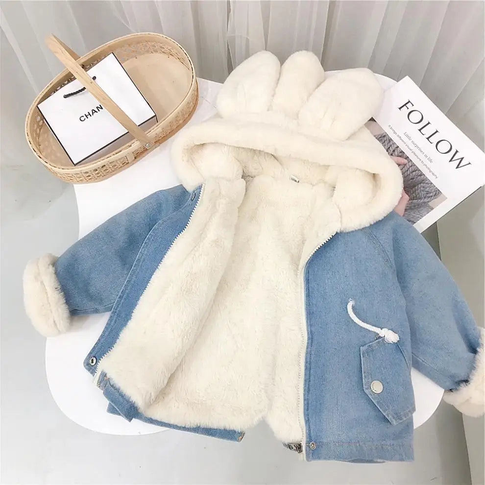 Jacket for Girls Boy Children's Denim Jackets Warm Fur Cowboy Coat Baby Rabbit Ear Hooded Velvet Outerwear Kids Winter Clothes