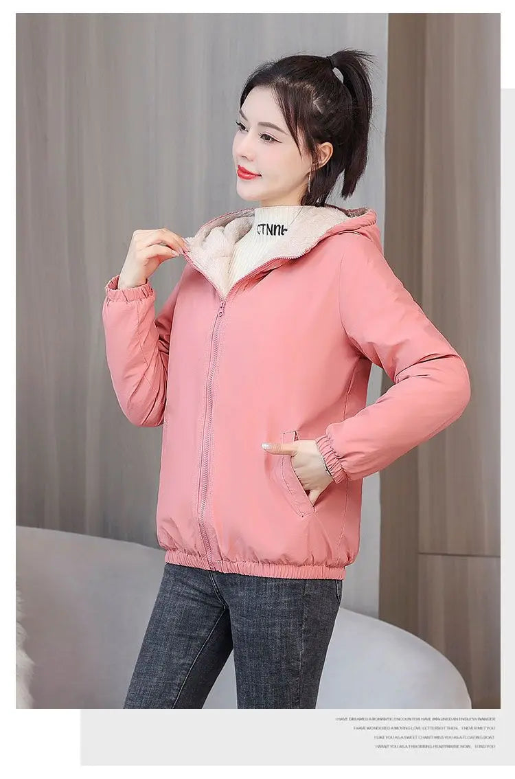 Women's Fleece Coat Winter Warm Thicken Solid Windbreaker Hooded Cotton Plush Hooded Jackets Casual Outdoor Windproof Jacket