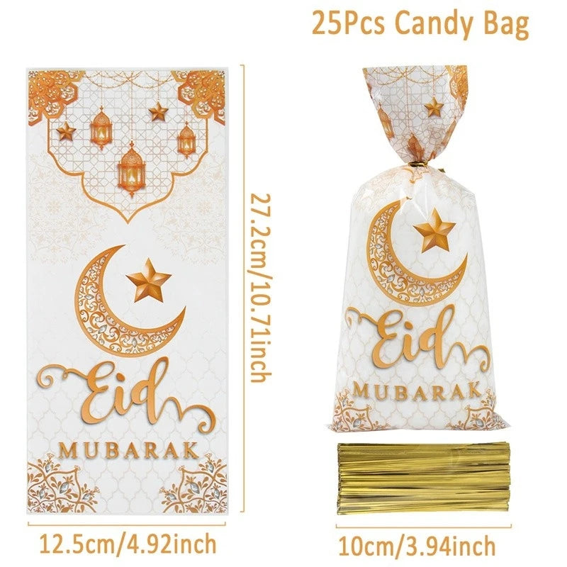 50pcs Eid Mubarak Gift Bags Plastic Bag Cookie Candy Ramadan Kareem Decoration 2024 Islamic Muslim Party Packaging Bag Pouch