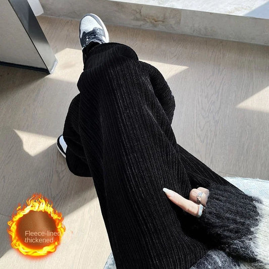 Winter Women Black Fleece Lined Wide Leg Pants Thicken Warm Baggy Drape Sweatpants High Waist Casual Corduroy Straight Pants