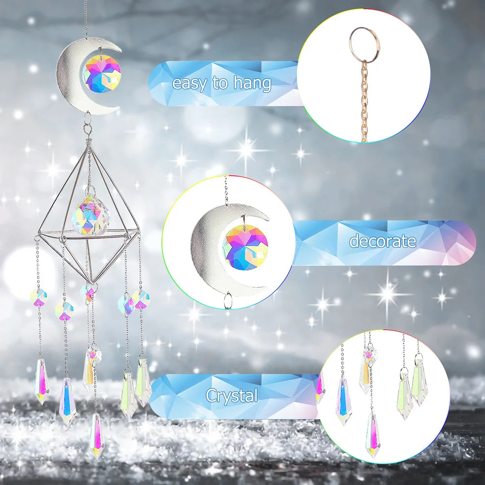 Wind Chime Crystal Light Catcher Hanging Ornament diamond Moon Prism Metal Frame Lighting Ball Bead Jewelry Curtains Home Decor