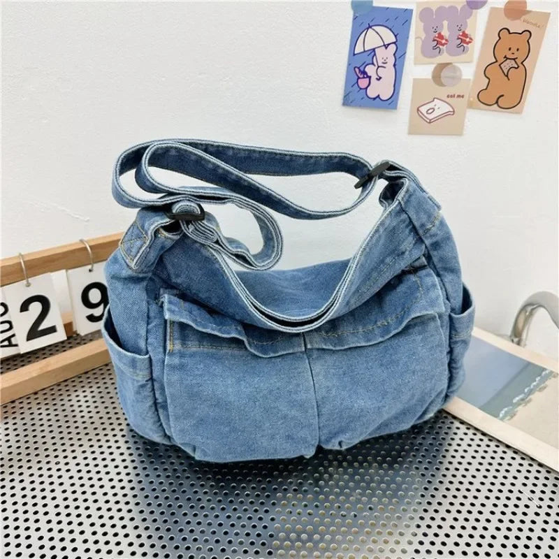 Denim Vintage Messenger Bag for Women Tote Handbag Fashion Jeans Crossbody Shoulder Bag Large Capacity Causal Ladies Satchel Bag