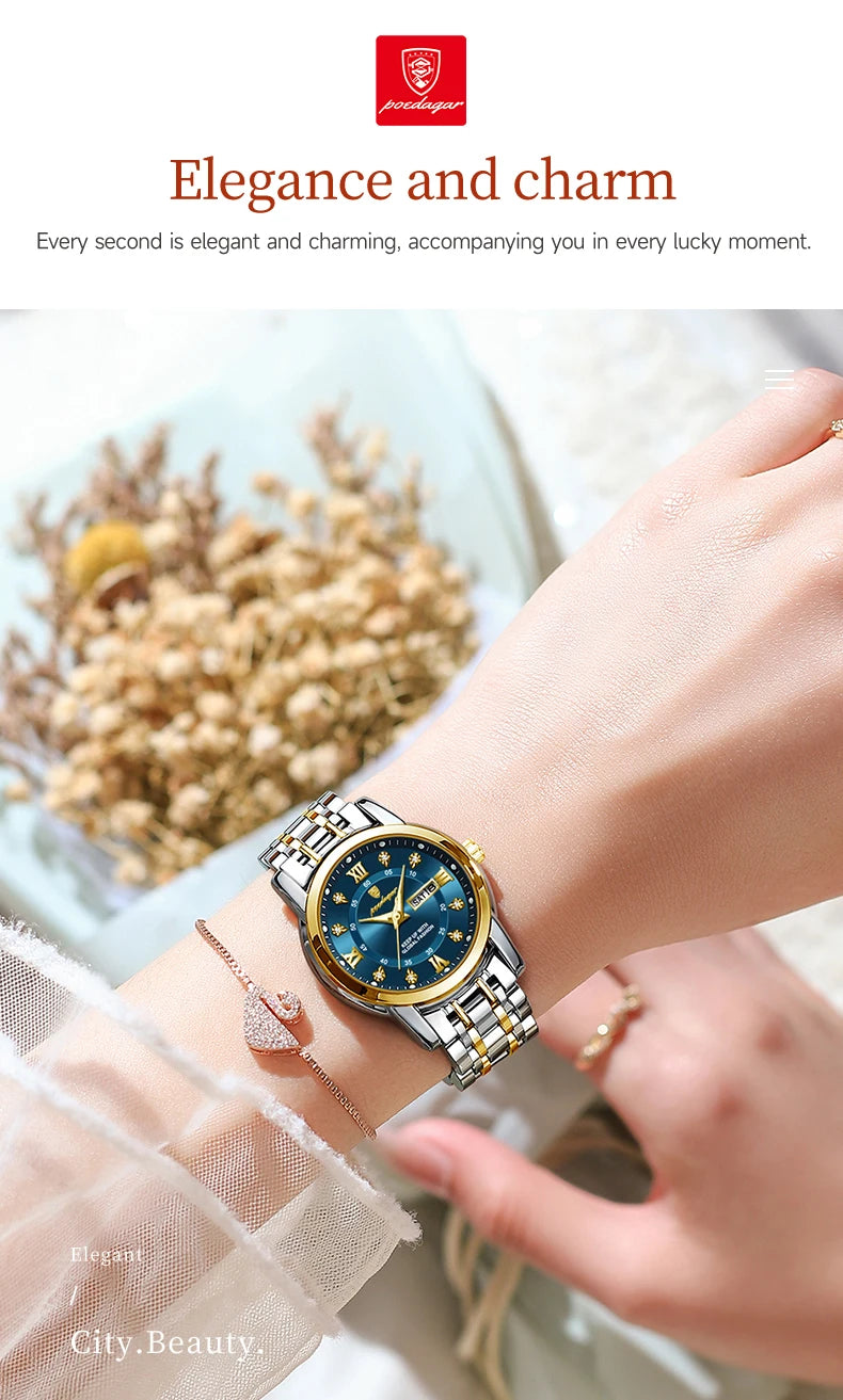 POEDAGAR Luxury Women's Quartz Watches Luminous Waterproof Date Week Women Wristwatch Elegant Dress Stainless Steel Ladies Watch