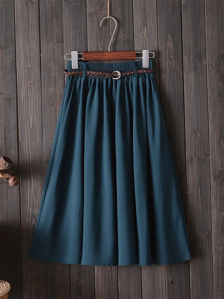 Midi Knee Length Summer Skirt Women With Belt  Fashion Korean Ladies High Waist Pleated A-line School Skirt Female