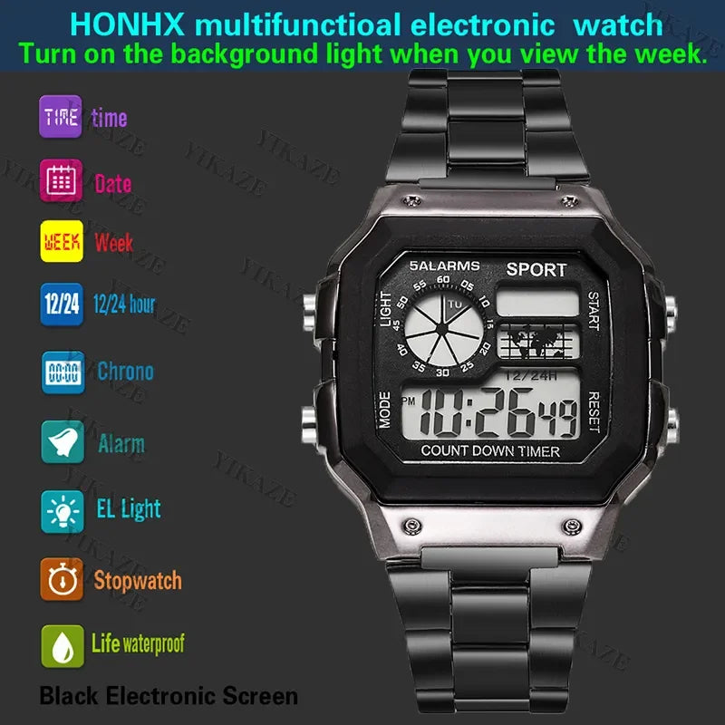 MAYZHISU Classic Men's Digital Watches Luxury Stainless Steel Strap Sport Watches Men Military Clock LED Sport Wristwatch