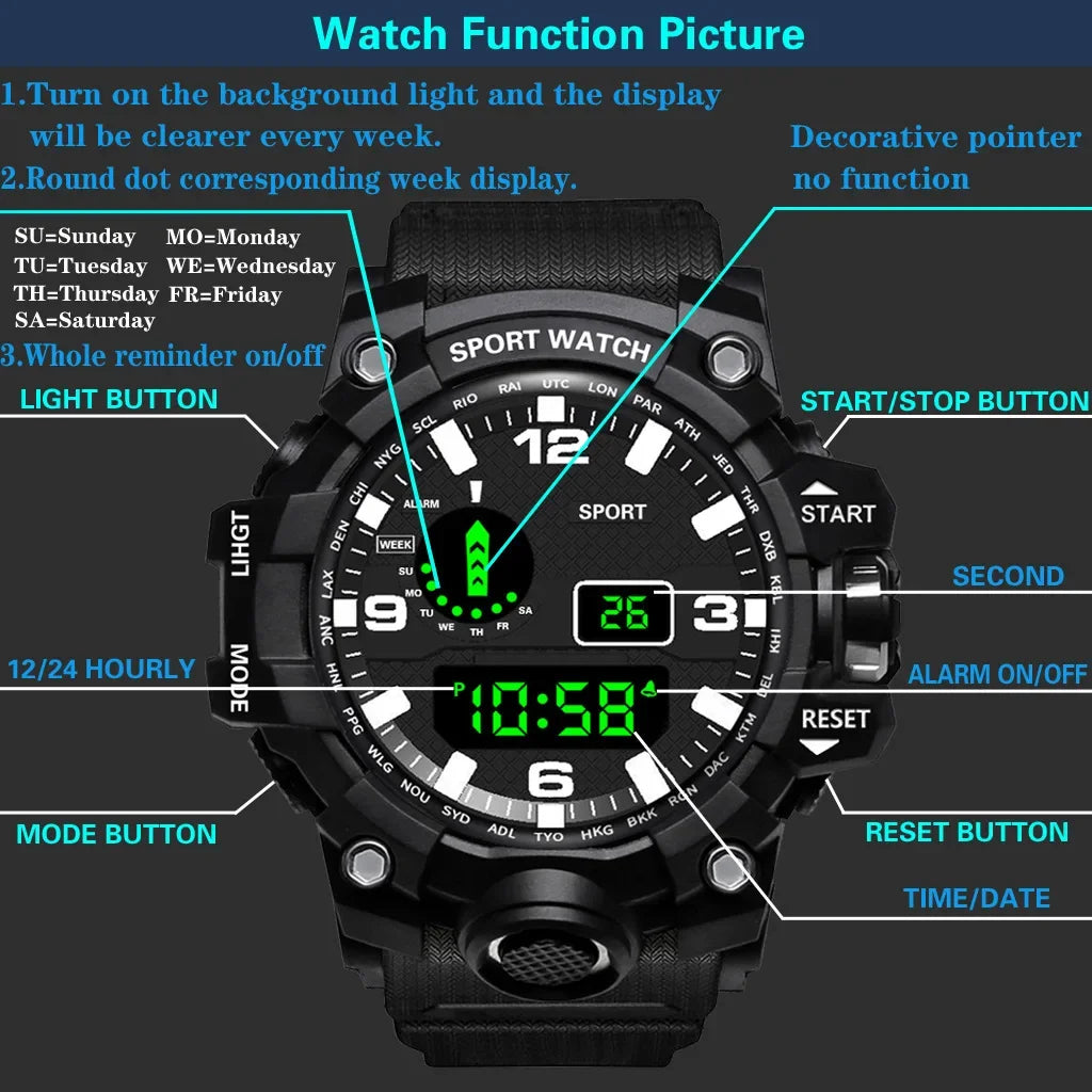 YIKAZE Y02 Sports Men's Watches Multifunction Military Digital Wristwatch Stopwatch Clock LED Electronic Watch for man Student