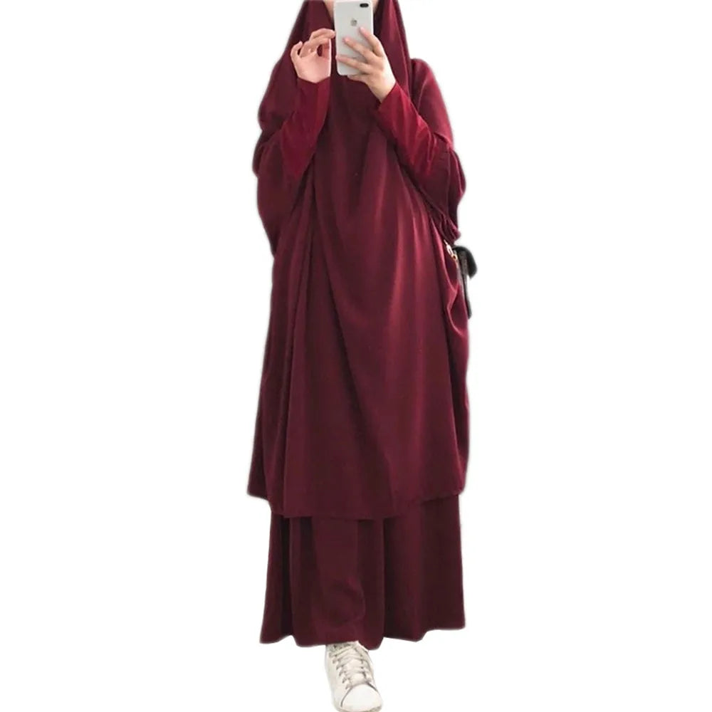 Women 2 Piece Dress Muslim Prayer Set Khimar Abaya Overhead Hijab Skirt Full Cover Islam Clothing Middle East Worship Kaftan New