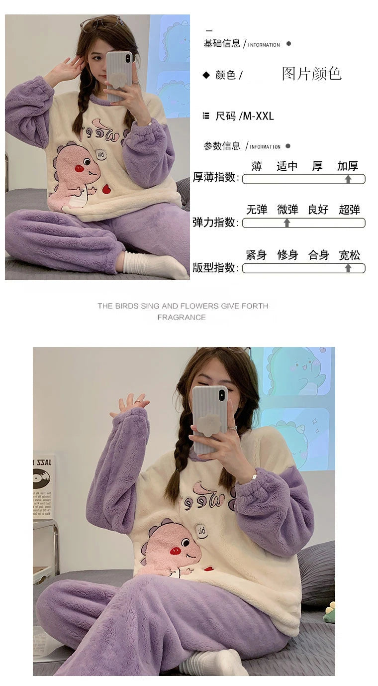 Autumn Winter Women's Pajamas Cute Cartoon Printed Sleepwear Casual Home Wear Set Girl Knitted Size M-3XL Pijamas Fashion Pyjama