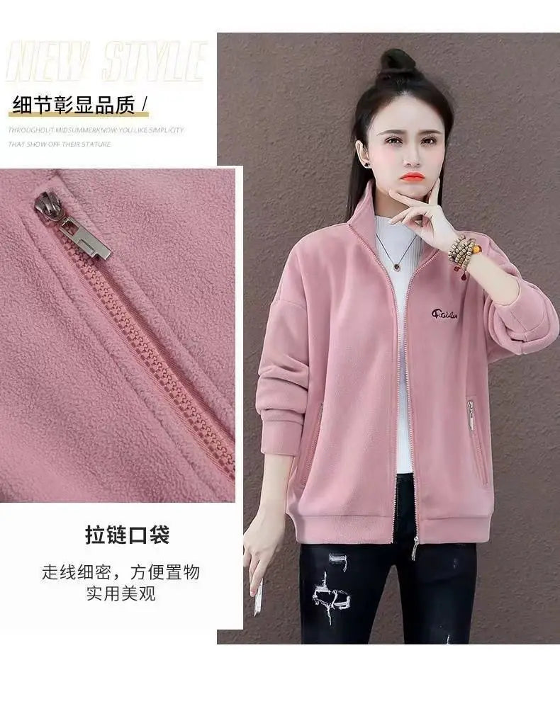 Autumn Winter Double Sided Polar Fleece Warm Coat Women Zipper Outdoor Running Sports Cardigan Warm Printing Letter Sweatshirt