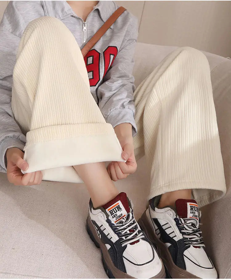 Winter Women Corduroy Trousers Fleece High Waist Loose Straight Pants Elastic Waist Warm Casual Thickened Wide Leg Sweatpants