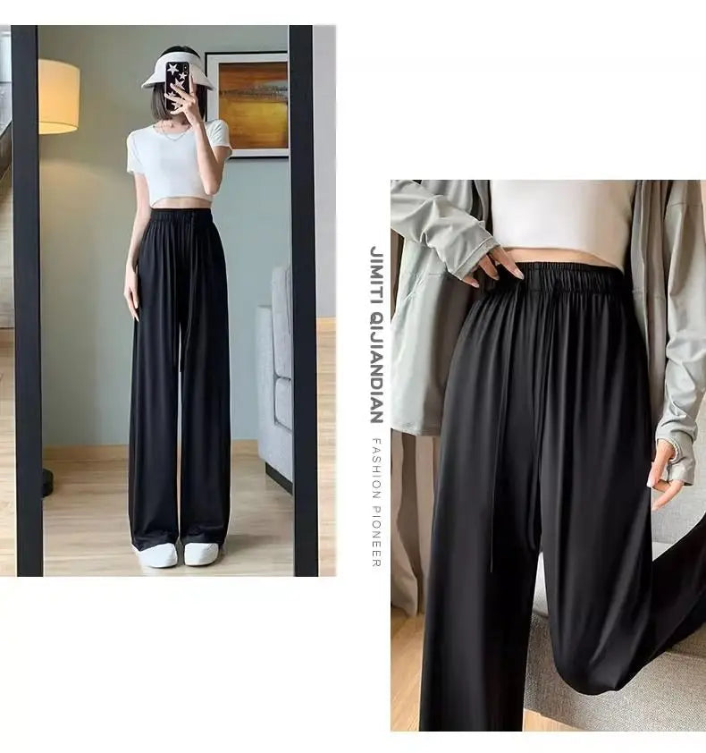 Summer High Waisted Wide Leg Pants Thin Sun Protection Elastic Waist Ice Silk Cool Quick Drying Casual Trousers Women Clothing