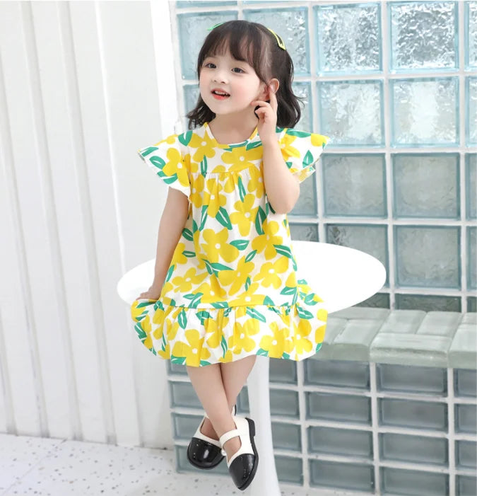 Girl Dresses100% Cotton Children's Clothing Summer Kids Clothes Girls Party Princess Fashion Outfit Flower Pattern Beach Dresses