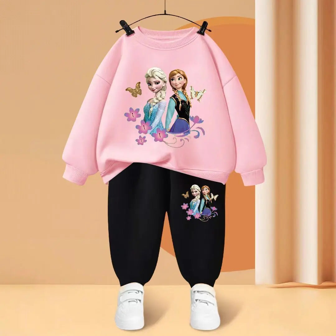 Disney Children's Sweatshirt Sets Baby Girls O Neck Pullover Pants Two Piece Elsa Princess Cartoon Printed Kids Tracksuit