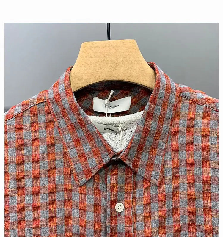 Red Plaid Short Sleeves Shirt Men 2024 Korea Handsome Hip-hop Fashion Streetwear Loose with Pocket Casual Shirt Men Clothing