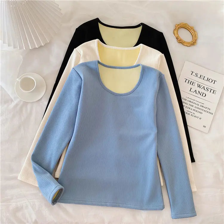 Warm O Neck Long Sleeve Tops Winter Women T Shirts Thread Casual Slim Solid Color Simple Add Fleece and Thicken T-Shirts