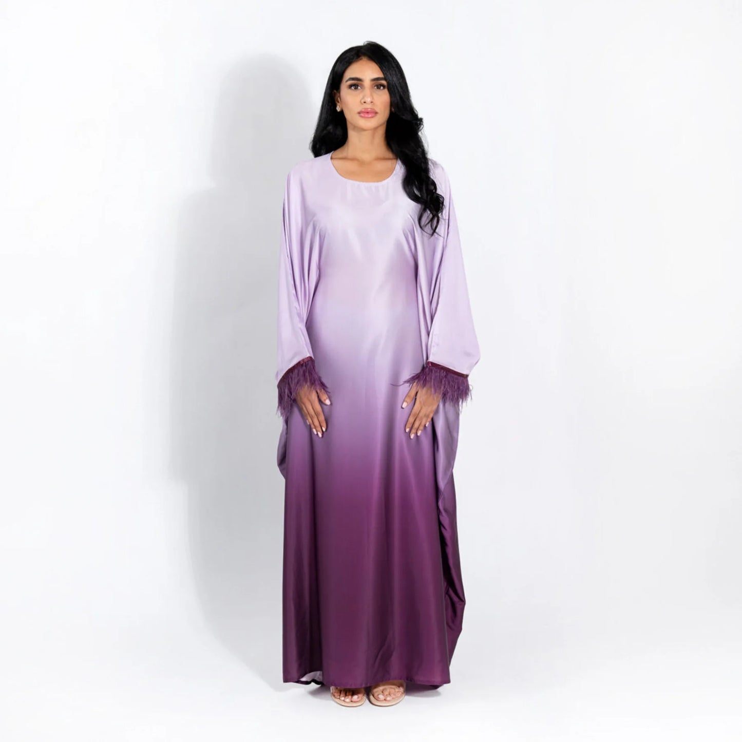 2024 New Dubai Party Dress Muslim Women Abaya Satin Bat Sleeve Feather Sleeves Robe Elegant Female Modest Dresses Islam Clothing