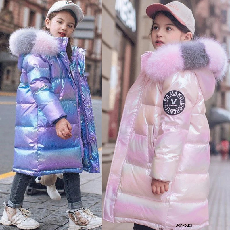 3-14 Years Old Winter Boys Girls Jacket Long Style Hooded Fur Collar Colorful Heavy Coat For Kids Children Outerwear